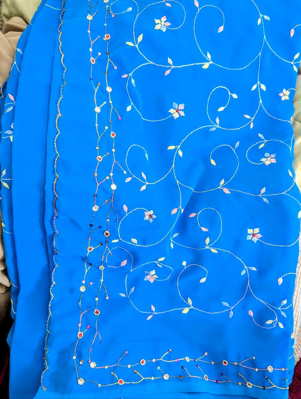 Brand New Embroidered Royal Blue Georgette Saree with Delicate Floral work